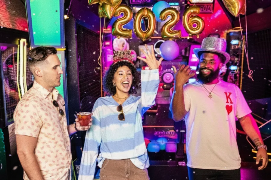 People have fun on the arcade